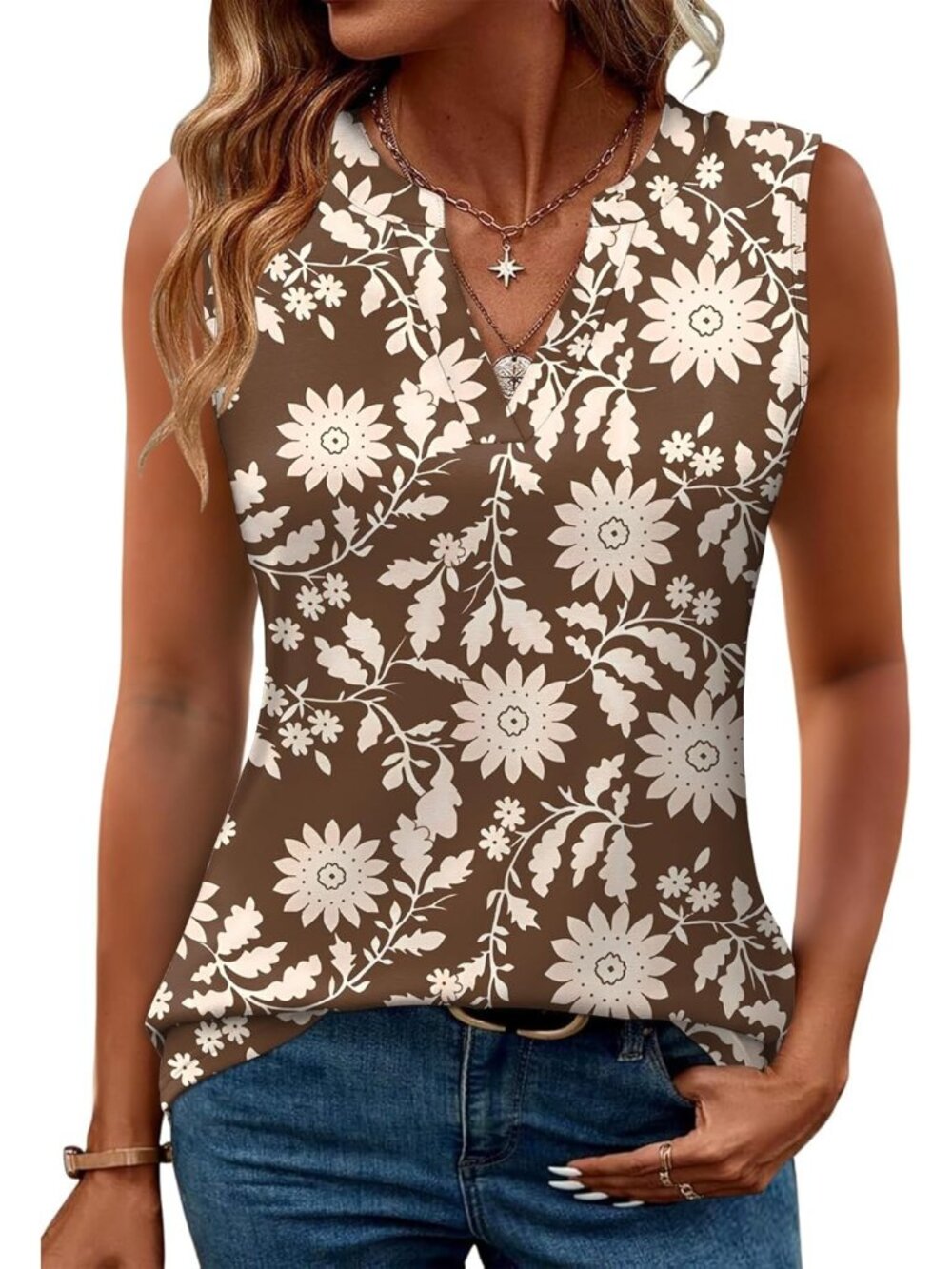 Women's Coffee White Sleeveless V Neck Shirts Blouses Tunic Imported Tank Tops